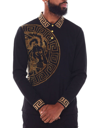 Black Lion Border Print Men's Long Sleeve Polo Shirt - Design Menswear