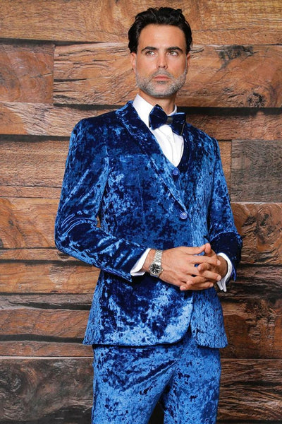 Manzini Blue Velvet Tuxedo Men's Slim Fit Single Breast One Buttons Vested and Bowtie - Design Menswear