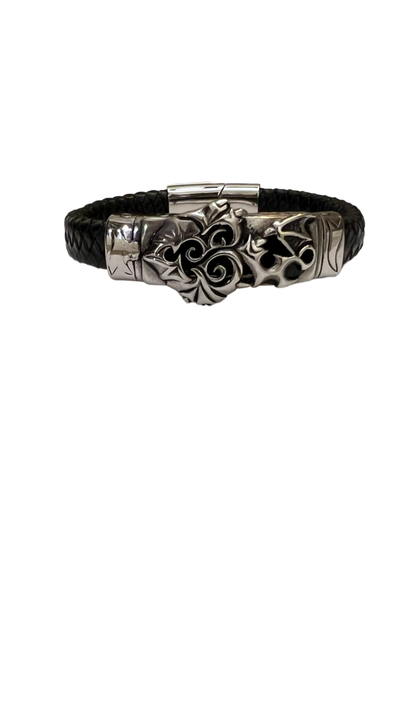 Men's Black Leather and Silver Fashion Design Bracelet - Design Menswear