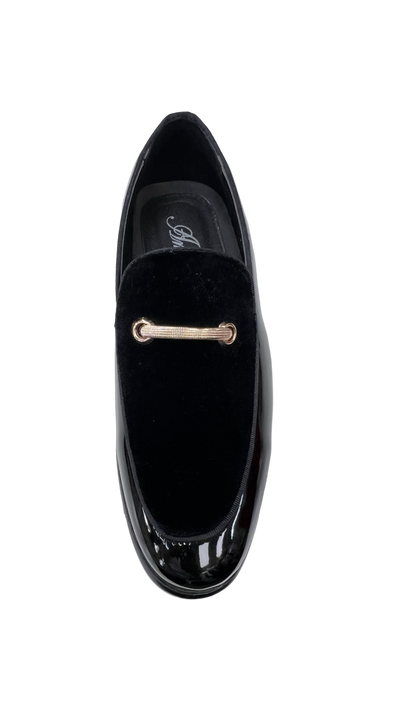 Men's Black Velvet and Patent Leather Loafer Slip On Fancy Style Rose Gold Buckle - Design Menswear