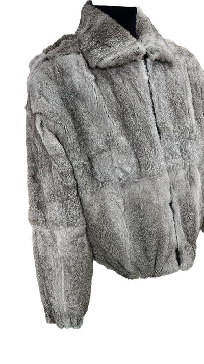 Men's gray Fur Coat genuine Rabbit fur Zip Up with Detachable Hoodies Winter Fur - Design Menswear