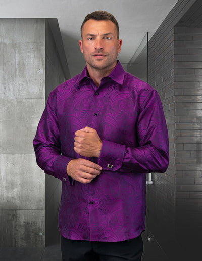 Men's Purple Fancy Casual Long Sleeves Shirt and Cufflink Regular-Fit - Design Menswear