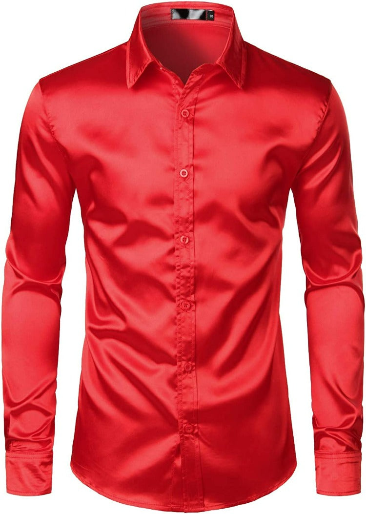 Red Shiny Satin Silk Dress Shirt Long Sleeve Casual Slim Fit 3XL / Red