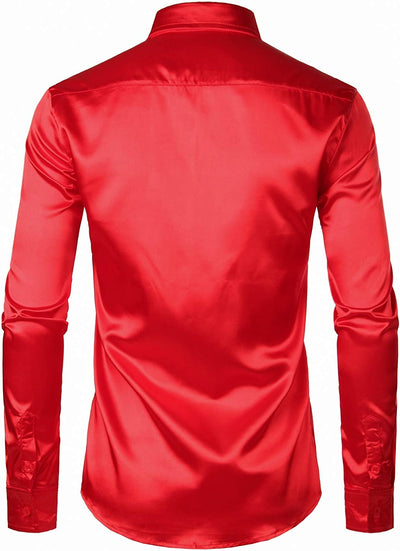 Red Shiny Satin Silk Dress Shirt Long Sleeve Casual Slim Fit