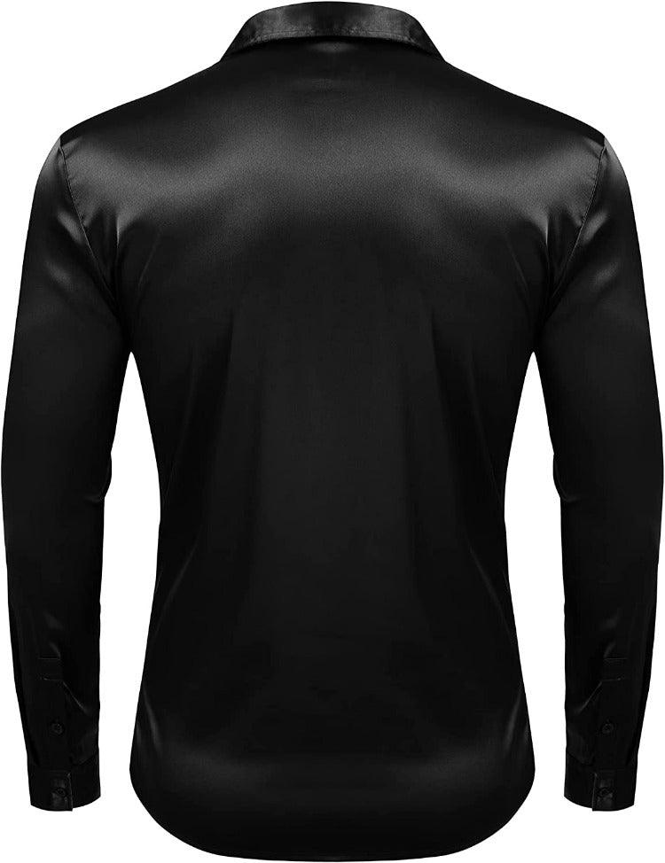 Black Men's Shiny Satin Dress Shirt Long Sleeve Casual Slim Fit
