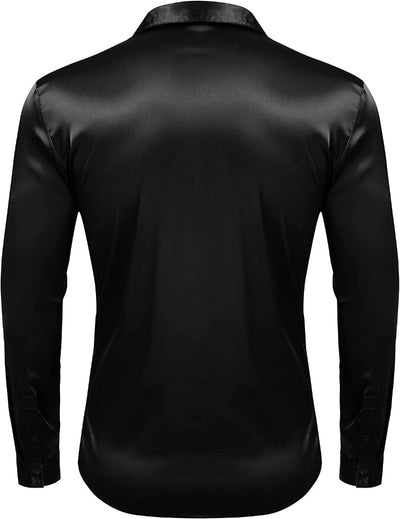 Black Men's Shiny Satin Silk Dress Shirt Long Sleeve Casual Slim Fit - Design Menswear