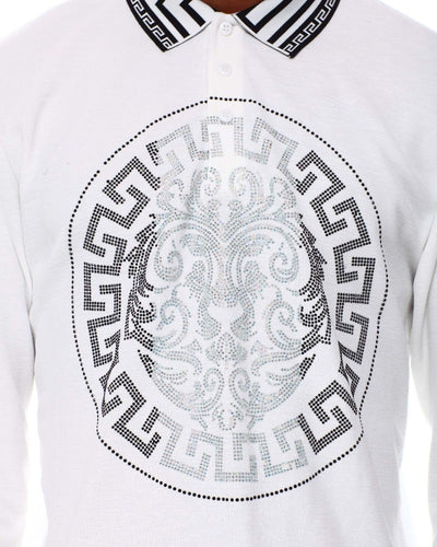 Men's white long sleeve polo silver stones print design on Collar - Design Menswear