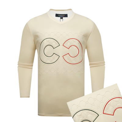 Men's Cream V-Neck Long Sleeves T-shirt Fashion Design - Design Menswear