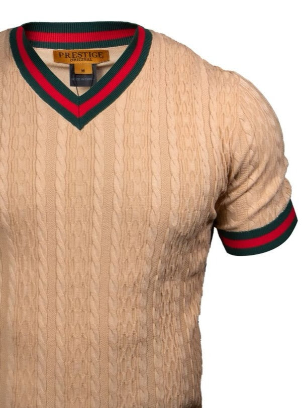 Prestige Beige V-neck T-shirt red and green trim around the sleeve and collar