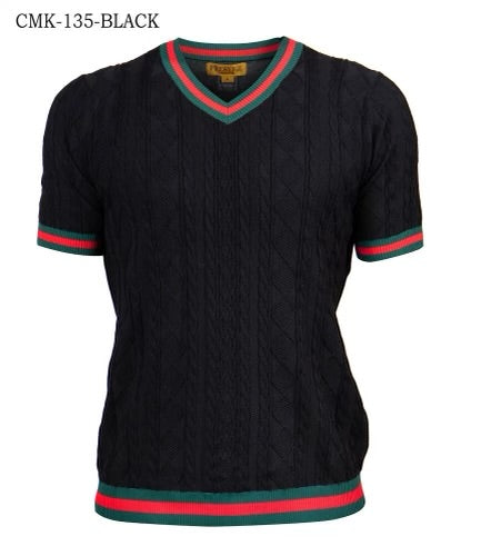 Prestige Black V-neck T-shirt red and green trim around the sleeve and collar