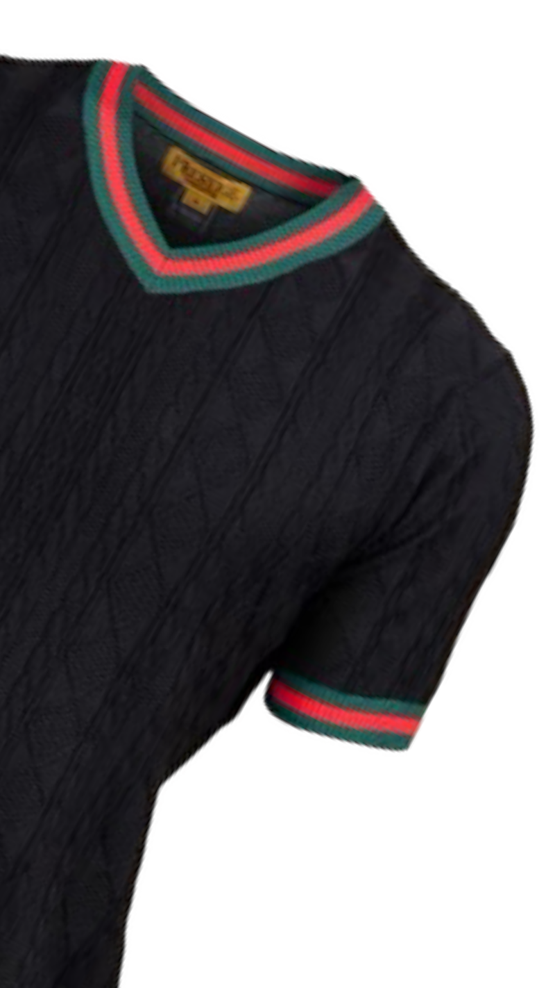 Prestige Black V-neck T-shirt red and green trim around the sleeve and collar