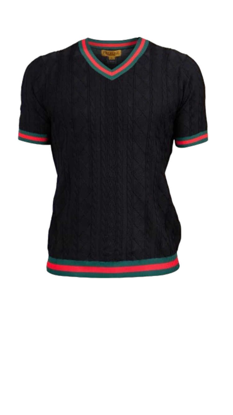 Prestige Black V-neck T-shirt red and green trim around the sleeve and collar