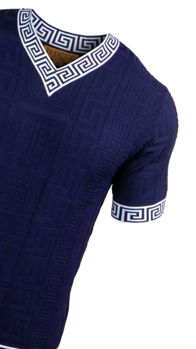 Prestige Blue Men's V-Neck T-Shirts Greek key Collar and Sleeve Style CMK-232 Blue - Design Menswear