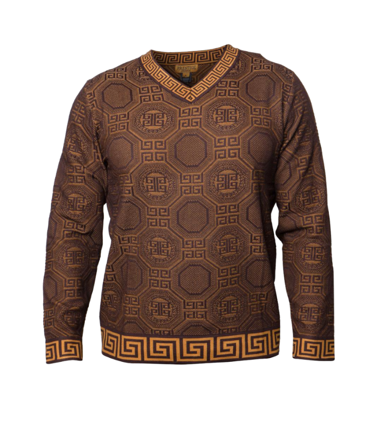 Prestige Brown V-Neck Sweaters Long Sleeves Greek Key Trim Design ...