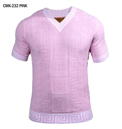 Prestige Pink Men's V-Neck T-Shirts Greek key Collar and Sleeves Fashion Style - Design Menswear