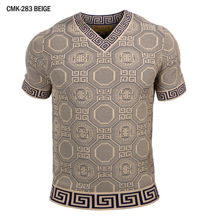 Prestige beige and blue men's v-neck t-shirts greek key trim around the Collar and Sleeves - Design Menswear