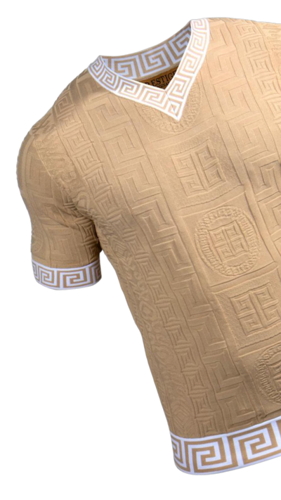 Prestige beige men's v-neck t-shirts greek key white trim around the Collar and Sleeves - Design Menswear