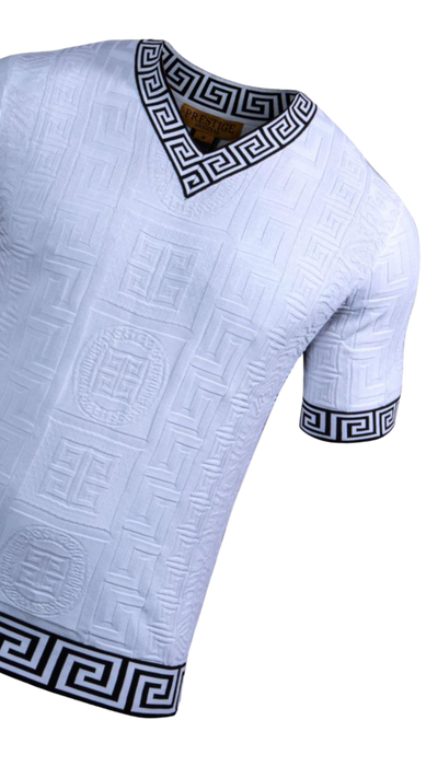 Prestige white men's v-neck t-shirts greek key trim around the Collar and Sleeve - Design Menswear