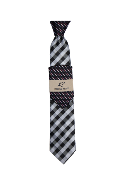 Rossi Man Black-Gray Striped Ties and Hanky Set - Design Menswear