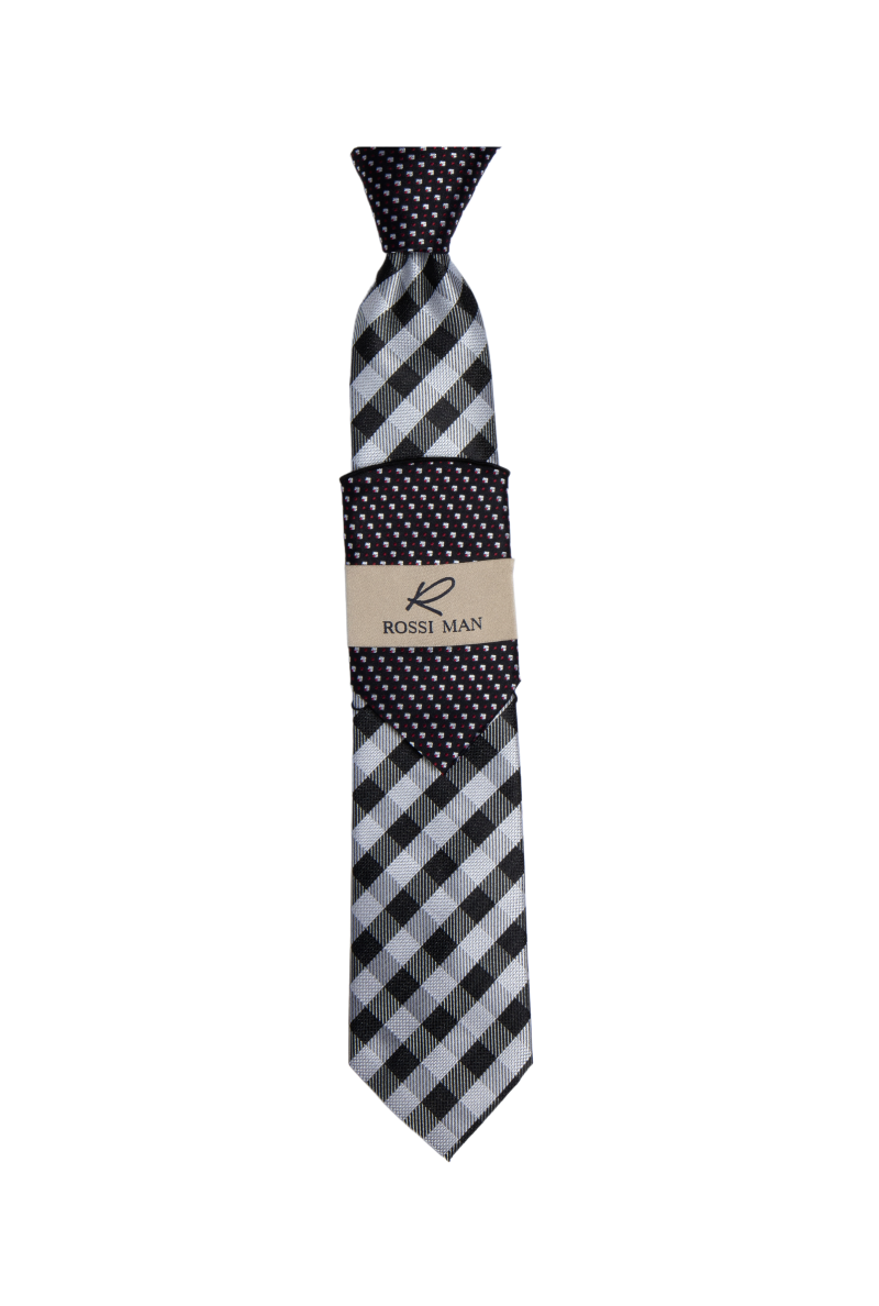 Rossi Man Black-Gray Striped Ties and Hanky Set - Design Menswear