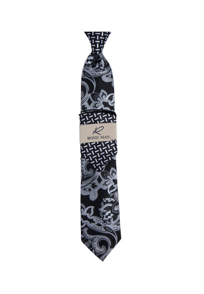 Rossi Man Gray-Black Paisley Ties and Hanky Set - Design Menswear