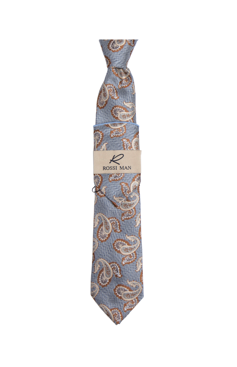 Rossi Man Blue-Brown Paisley Ties and Hanky Set - Design Menswear