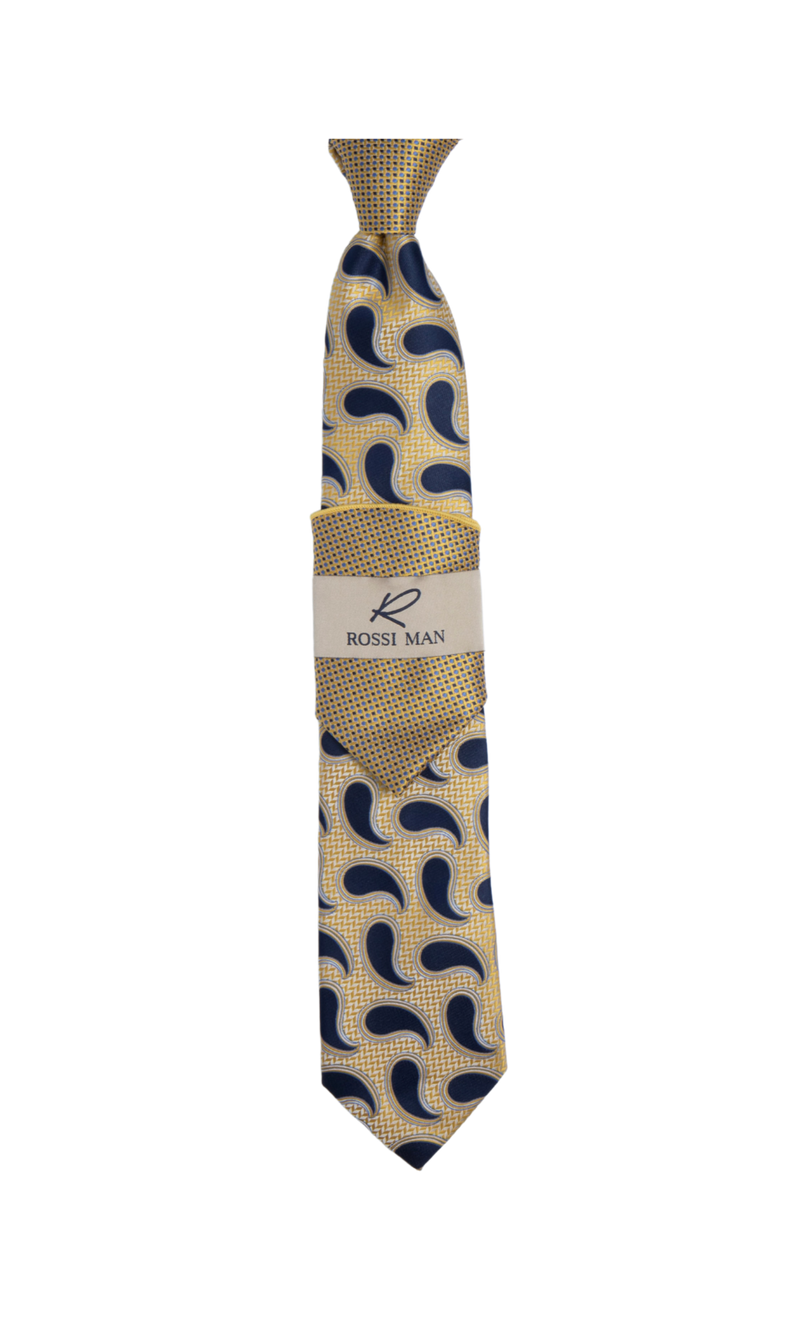 Rossi Man Blue-Gold Paisley Neckties and Hanky Set - Design Menswear