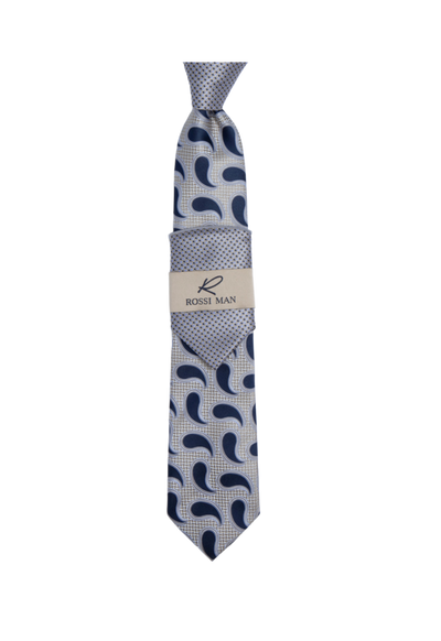 Rossi Man Blue-Gray Paisley Neckties and Hanky Set - Design Menswear
