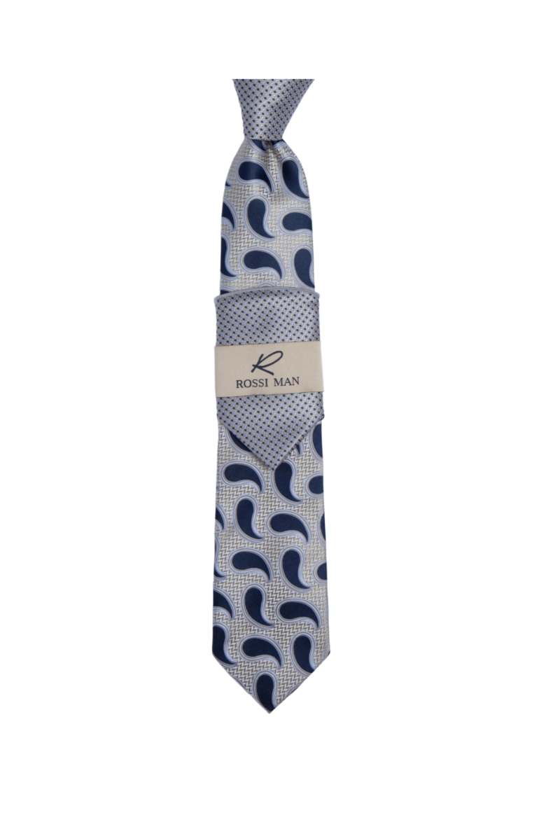 Rossi Man Blue-Gray Paisley Neckties and Hanky Set - Design Menswear