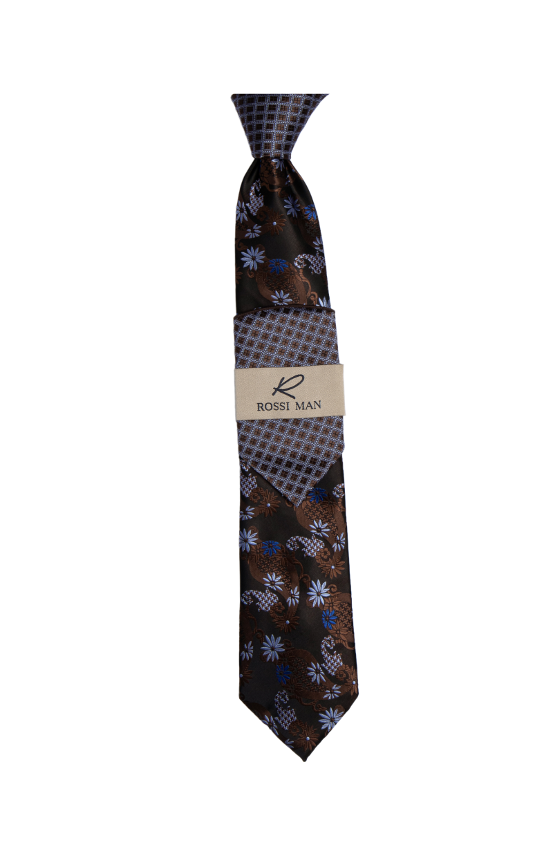 Rossi Man Brown-Blue Ties and Hanky Set - Design Menswear