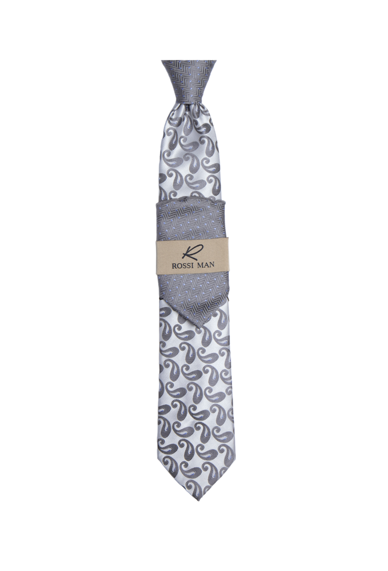 Rossi Man Gray Paisley Ties and Hanky Set - Design Menswear