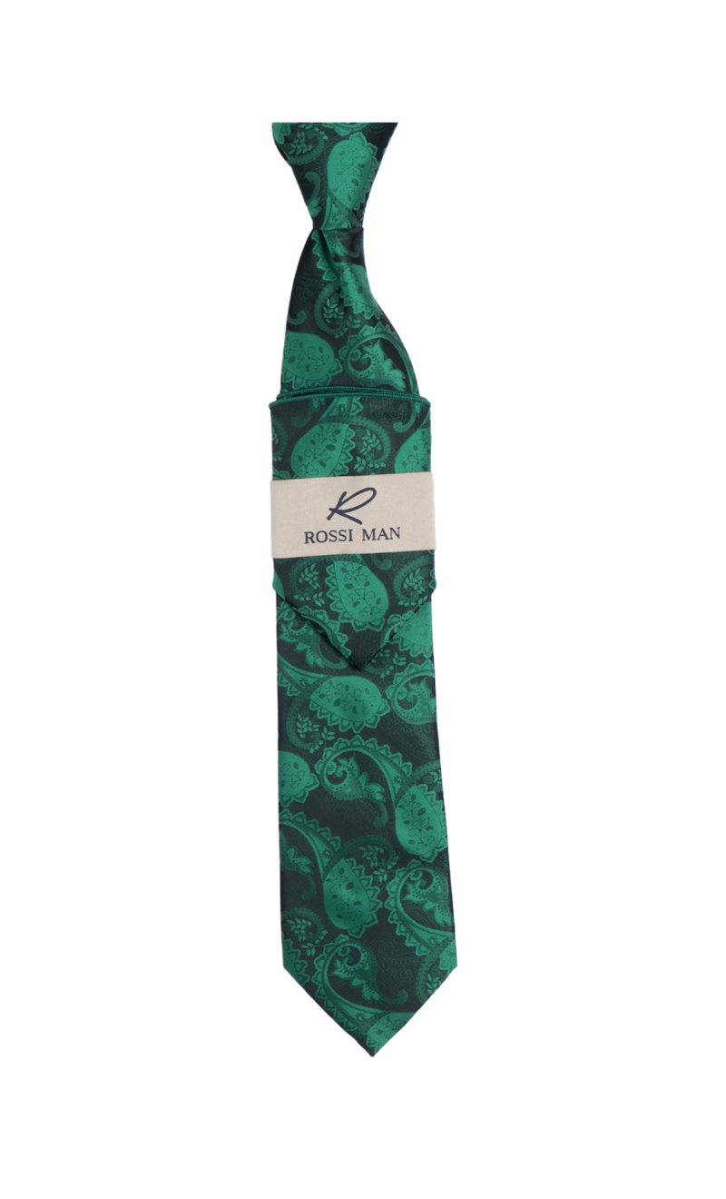 Rossi Man Green Paisley Ties and Hanky Set - Design Menswear