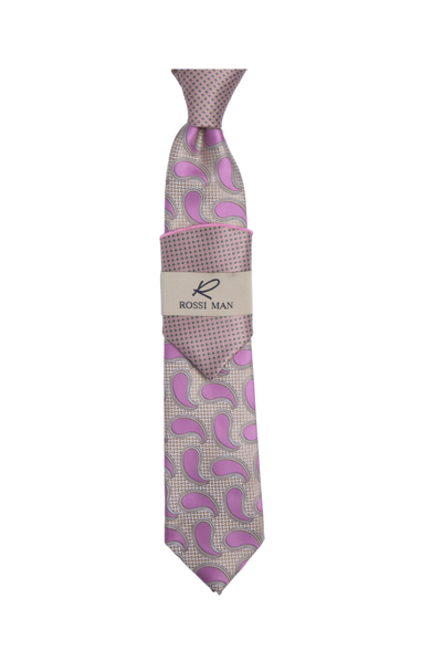 Rossi Man Pink-Tan Paisley Ties and Hanky Set - Design Menswear