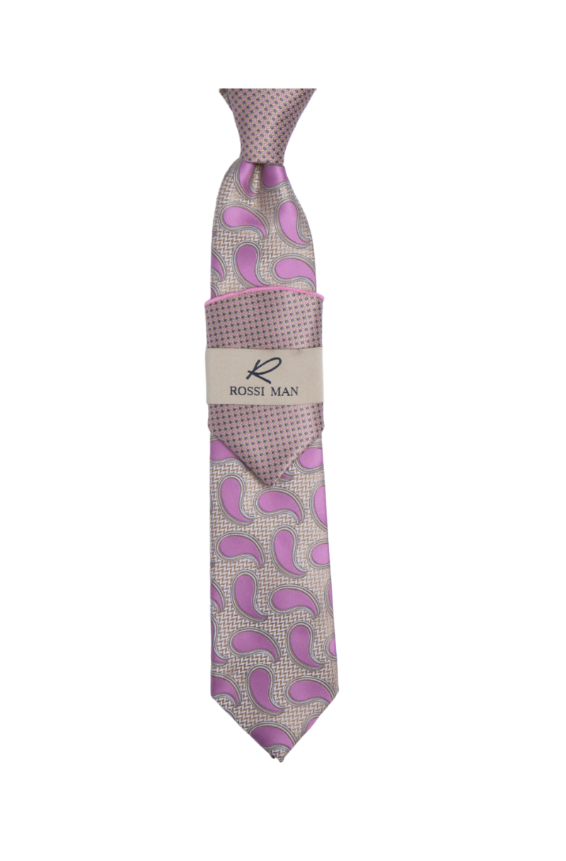 Rossi Man Pink-Tan Paisley Ties and Hanky Set - Design Menswear