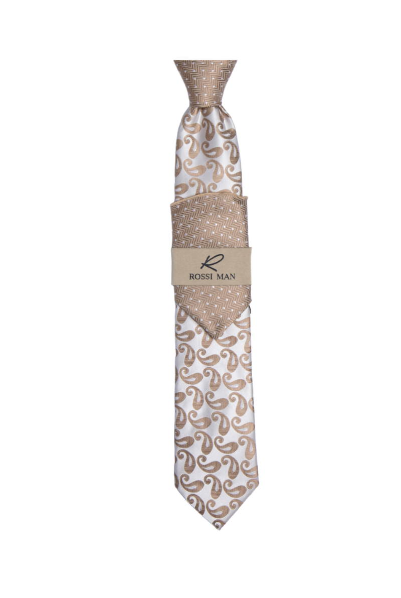 Rossi Man Tan Paisley Ties and Hanky Set - Design Menswear