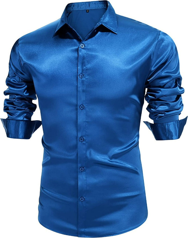 Men's Shiny Royal Blue Satin Dress Shirt Long Sleeve Casual Slim Fit 3XL / Royal Blue / Slim Fit