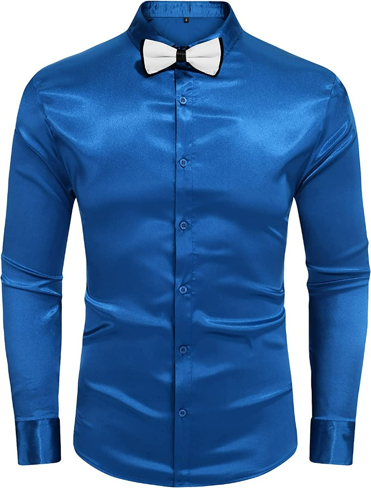 Men's Shiny Royal Blue Satin Dress Shirt Long Sleeve Casual Slim Fit