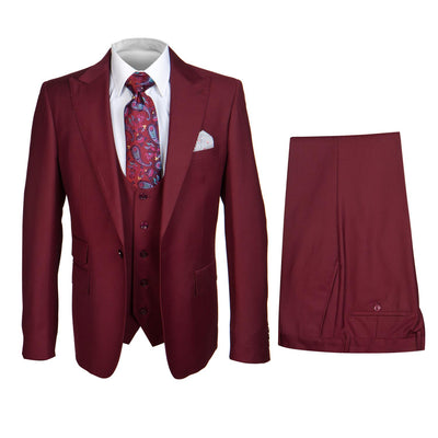 Rossi Man Men's Solid Burgundy Slim-fit Suit Vested Suit - Design Menswear