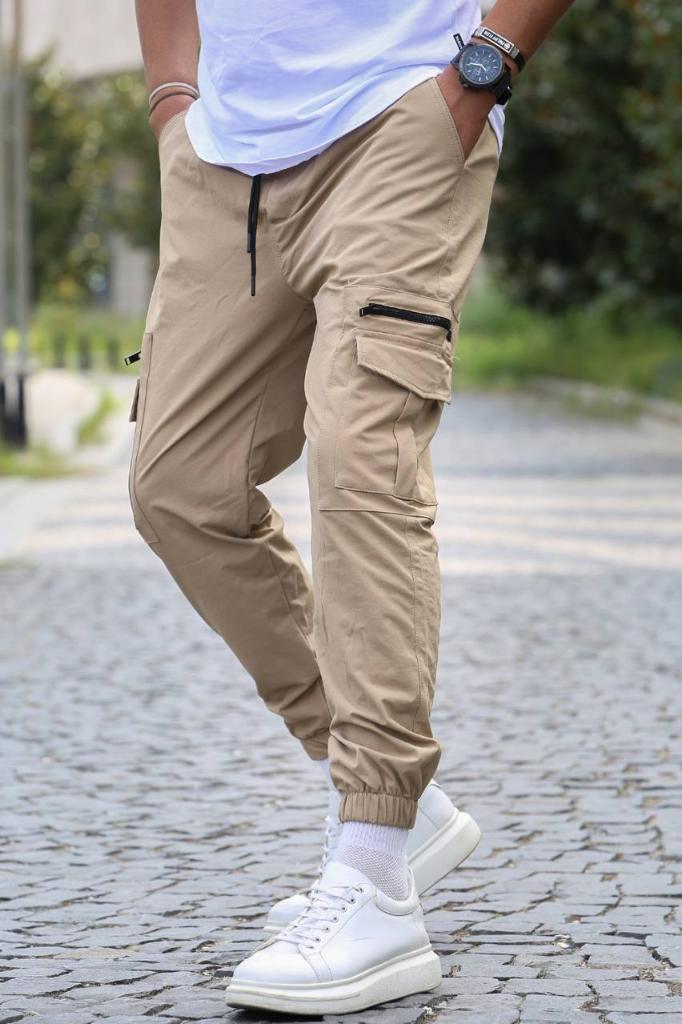 Tan Men s Stretch Cargo Elastic Bottom Joggers 2 Pockets with Zipper S DESIGN MENSWEAR