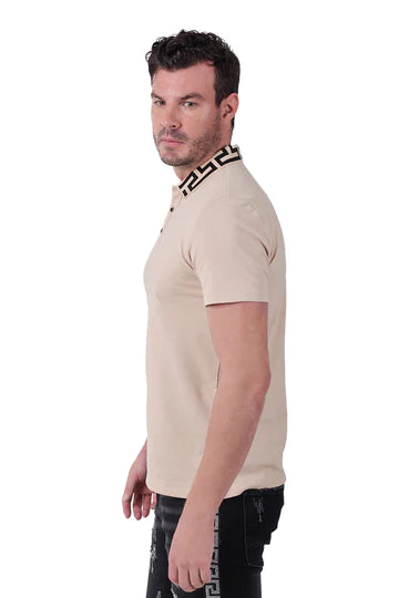 Men's Barabas Tan solid color Greek Key Collar Short-sleeve polo T-shirt - Design Menswear