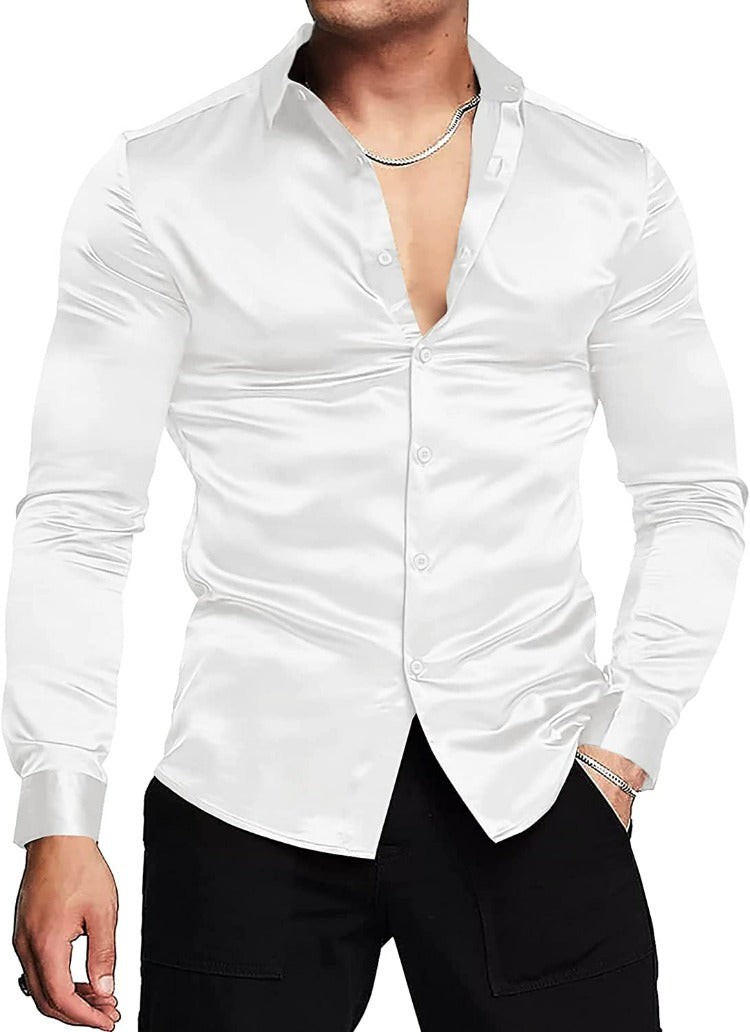 White Men's Shiny Satin Dress Shirt Long Sleeve Casual Slim Fit 3XL / White / Slim Fit