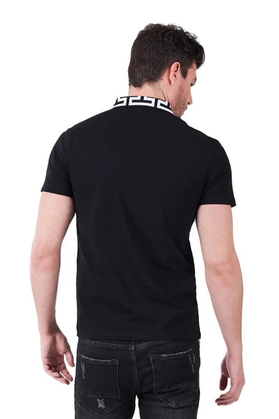 Barabas Men's Black Polo T-Shirt Greek Key Collar - Design Menswear