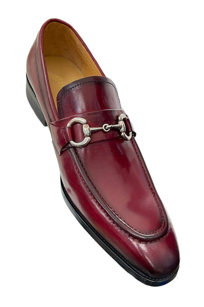 Carrucci Burgundy Leather Men's Slip On Dress Shoes Silver Buckle - Design Menswear