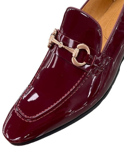 Carrucci Burgundy Shiny Patent Leather Men's Slip On Dress Shoes Gold Buckle - Design Menswear