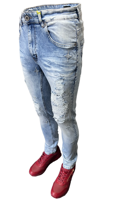 M.Society Men's Light Blue Ripped Jeans With Stars SLIM-Fit - Design Menswear