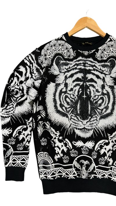 Men's Black Graphic Sweatshirt With Silver Stone Lion Head - Design Menswear