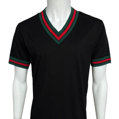 Premium Clothing Black Men's V-Neck T-shirt Red & Green Trim Short Sleeves - Design Menswear