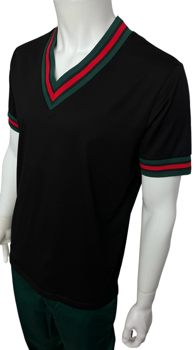 Premium Clothing Black Men's V-Neck T-shirt Red & Green Trim Short Sleeves - Design Menswear