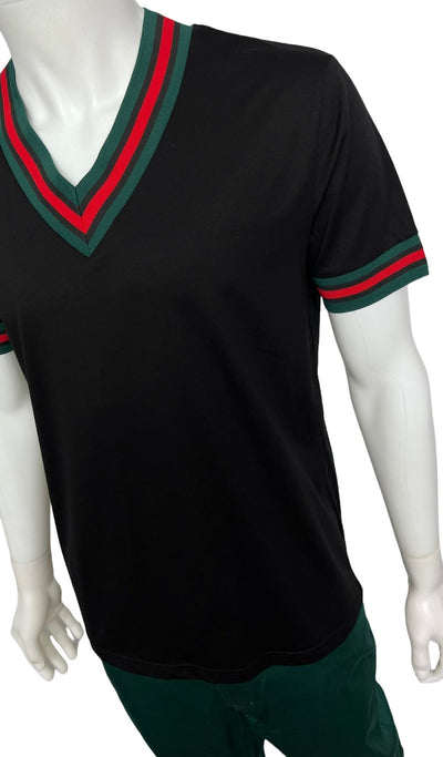 Premium Clothing Black Men's V-Neck T-shirt Red & Green Trim Short Sleeves - Design Menswear