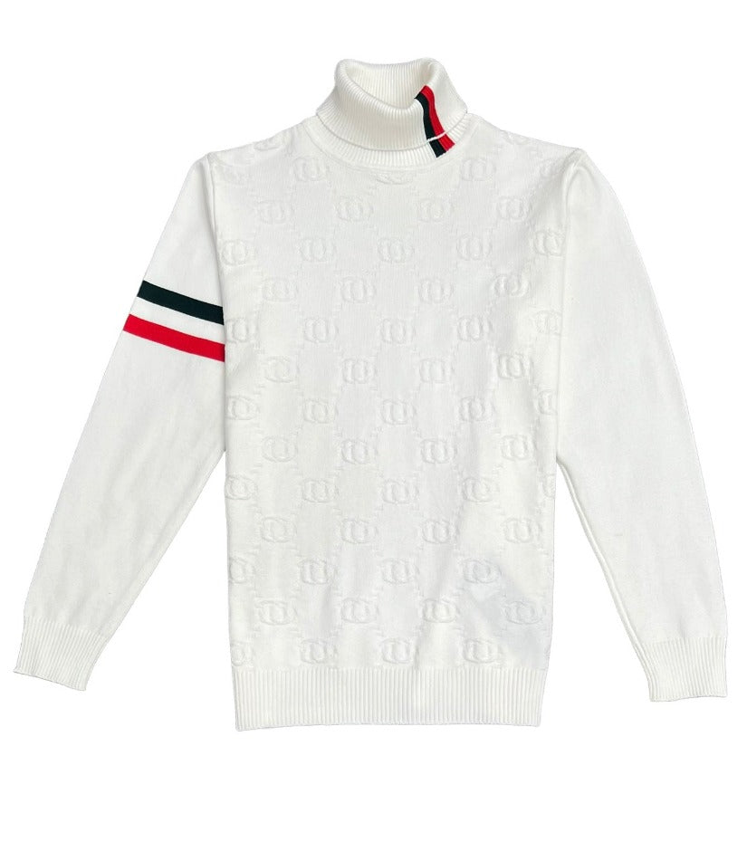 Mens De Niko Beige Turtleneck Sweater with Black Stripes